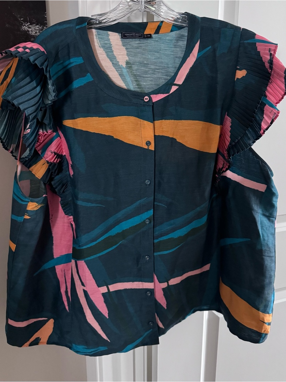 Vineyard Vines Teal Abstract Print Ruffle Top